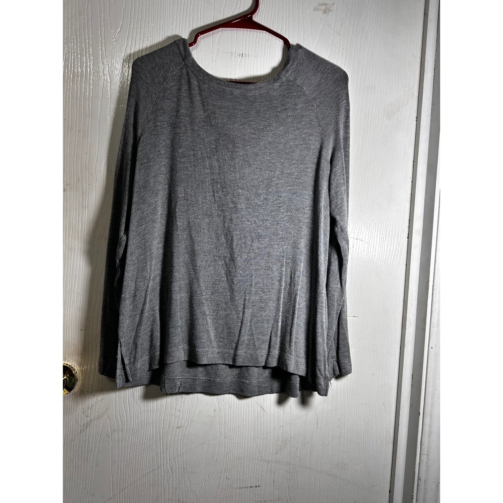 Libby Edelman Gray Sequin V-Back Long Sleeve Top L Heathered Knit Raglan Slit